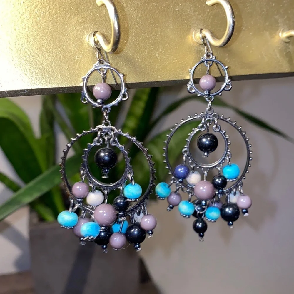 Black turquoise taupe gray dangle earrings 2.75”​